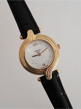 Vintage Christian Dior Gold-Tone Round Watch with Black Leather Strap